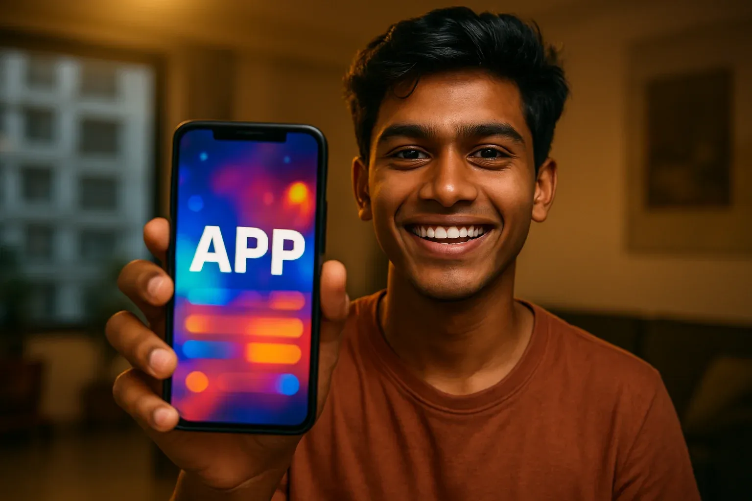 Smiling young Bangladeshi man holding smartphone with colorful gaming app screen