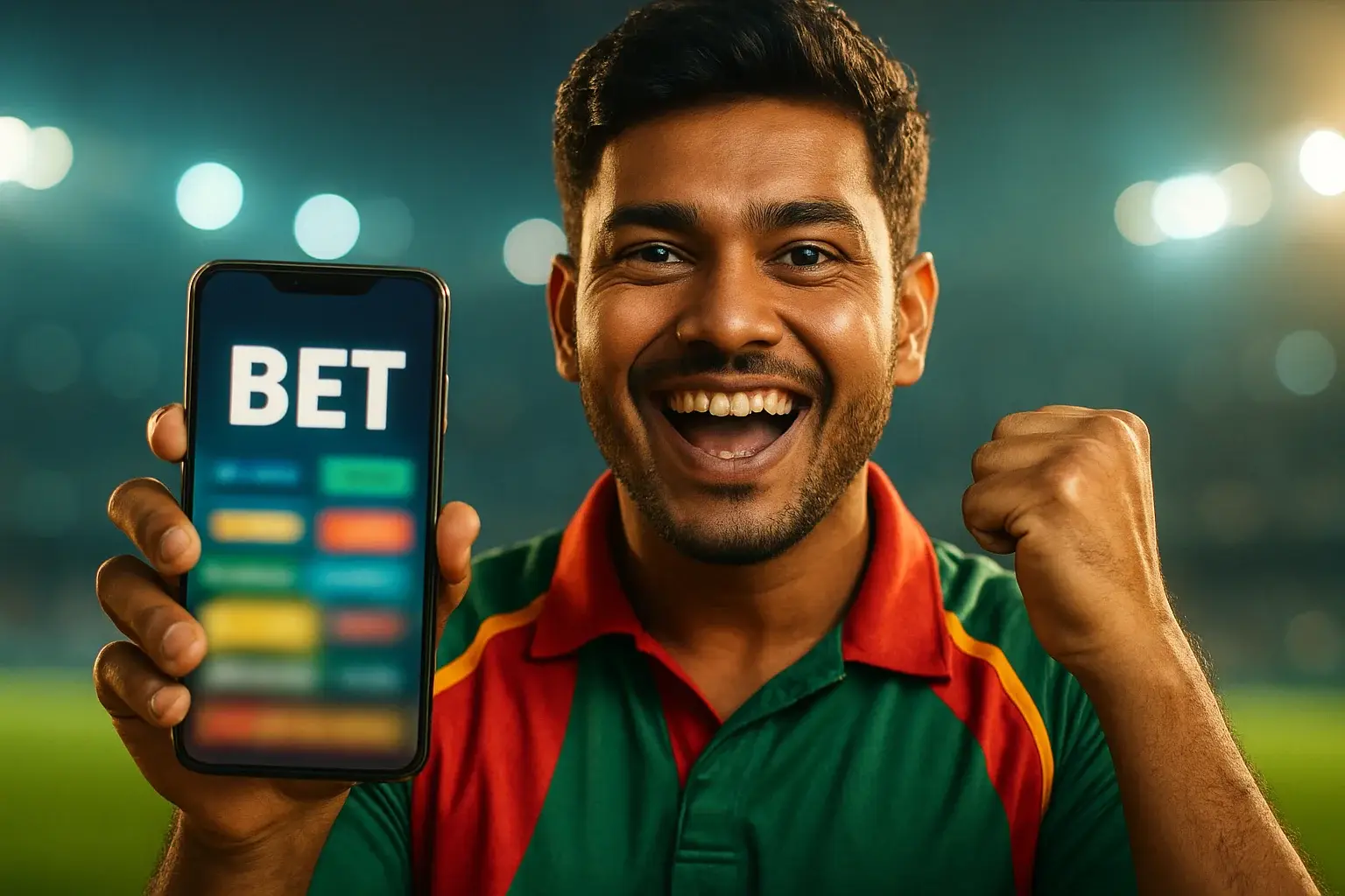 Excited Bangladeshi man holding smartphone with sports betting screen and cheering