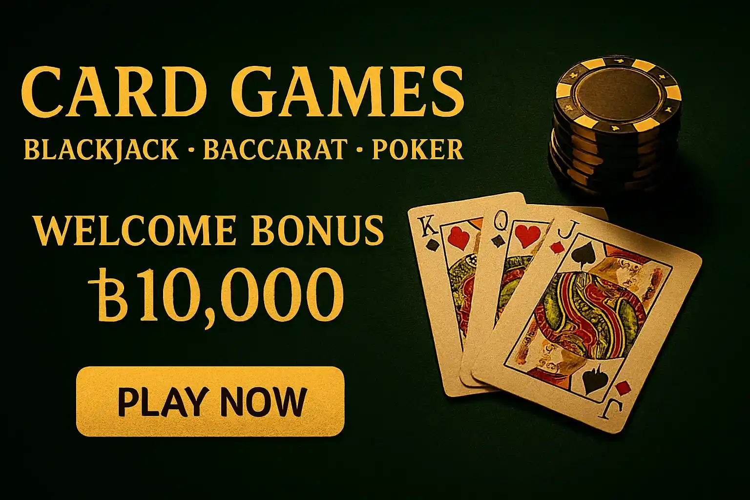 Card games banner with playing cards, chips, and bonus offer