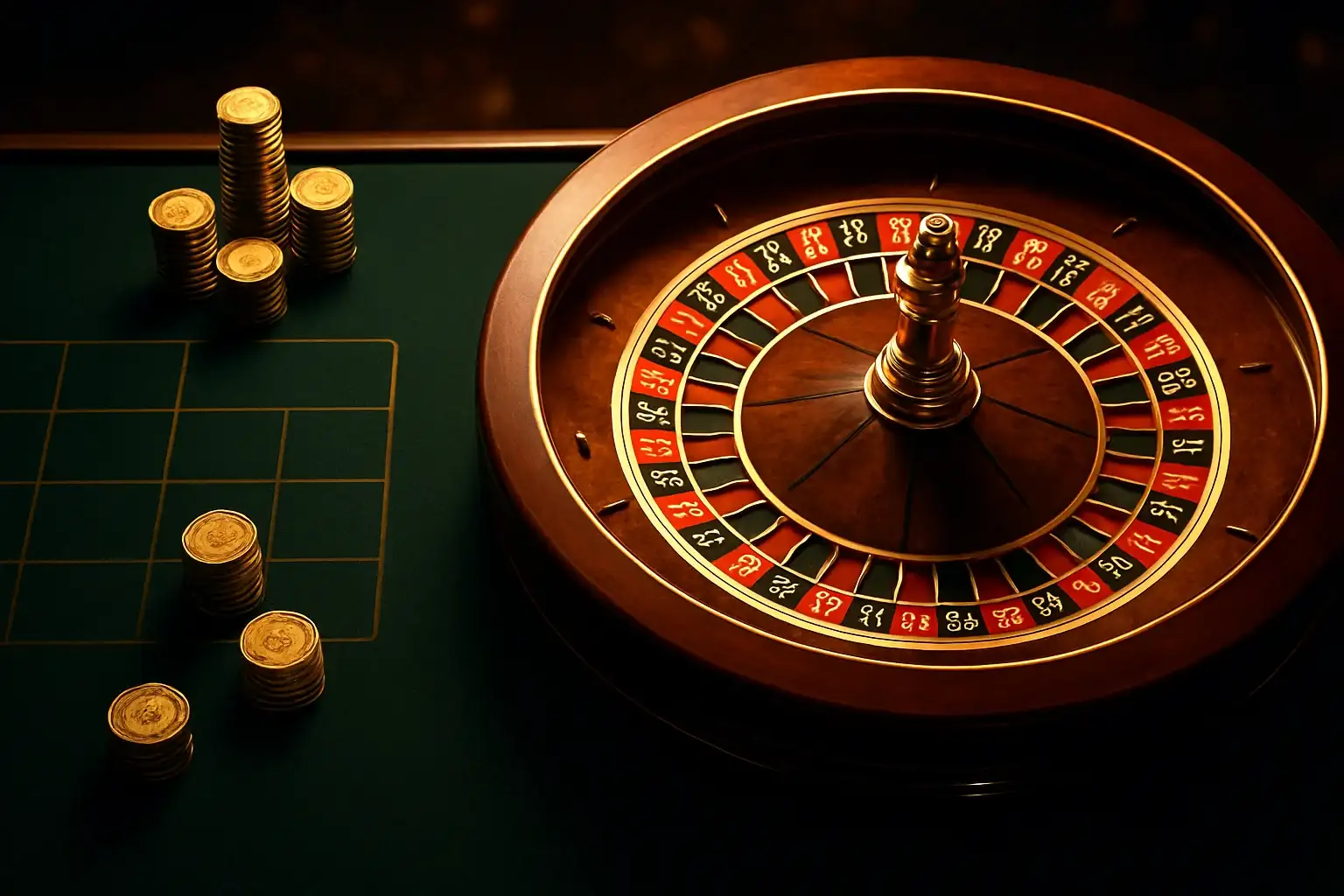 Hyperrealistic live casino table with glowing roulette wheel and golden chips