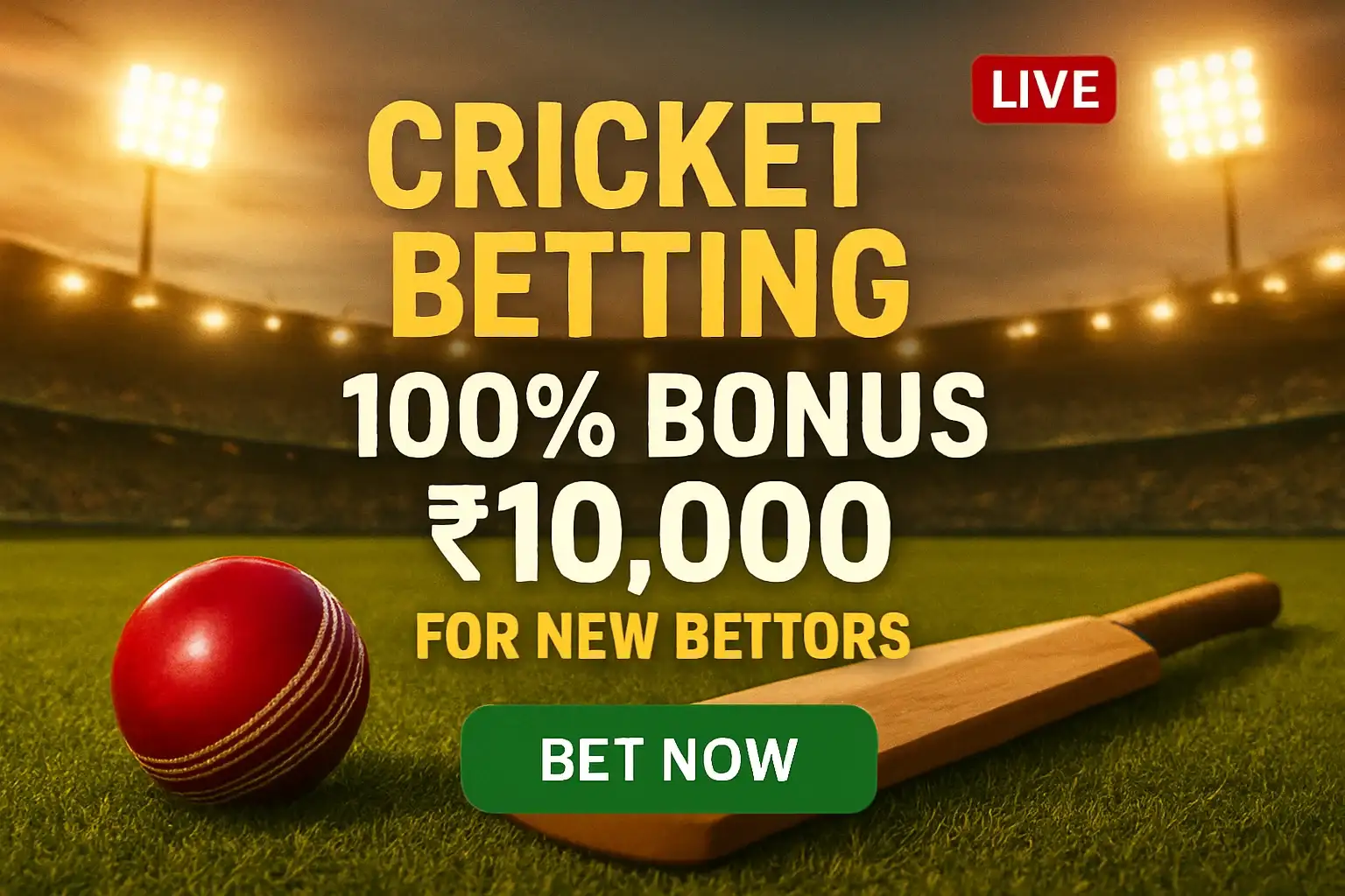 Cricket betting banner with stadium, bat, ball, bonus offer, and CTA