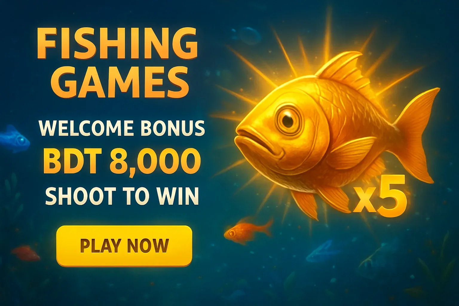Fishing arcade banner with boss fish, bonus offer, and play button