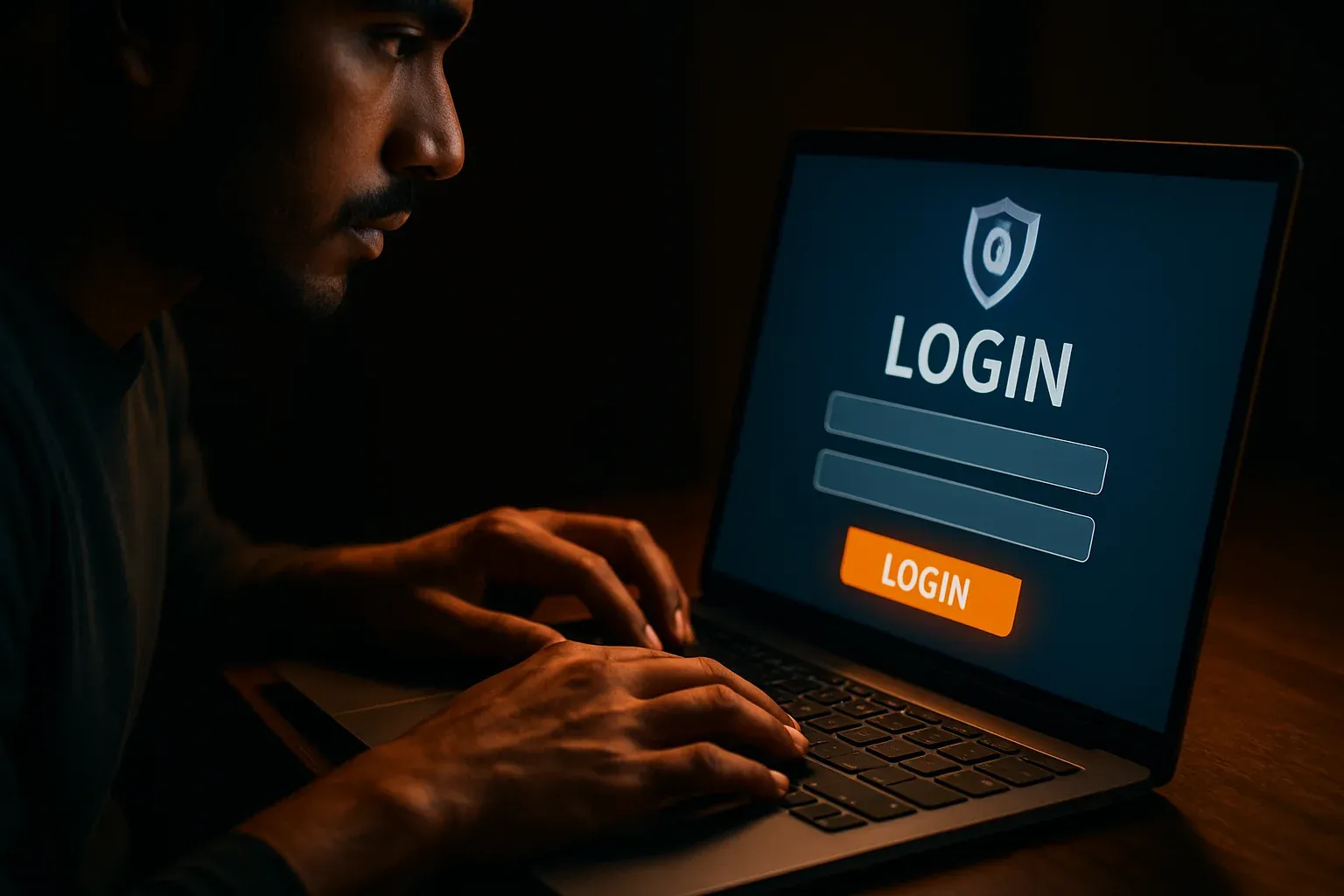 Young Bangladeshi man's hands on laptop showing stylized login screen