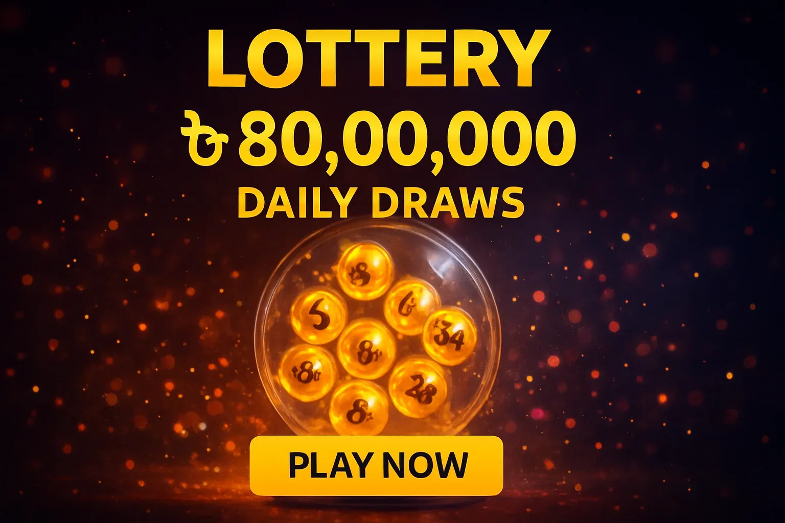 Glowing golden lottery balls inside transparent draw machine promotional banner