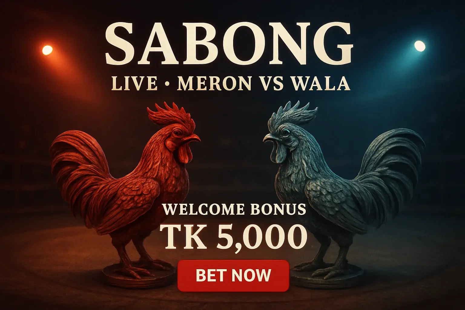 Live sabong banner with decorative rooster figurines and bonus offer