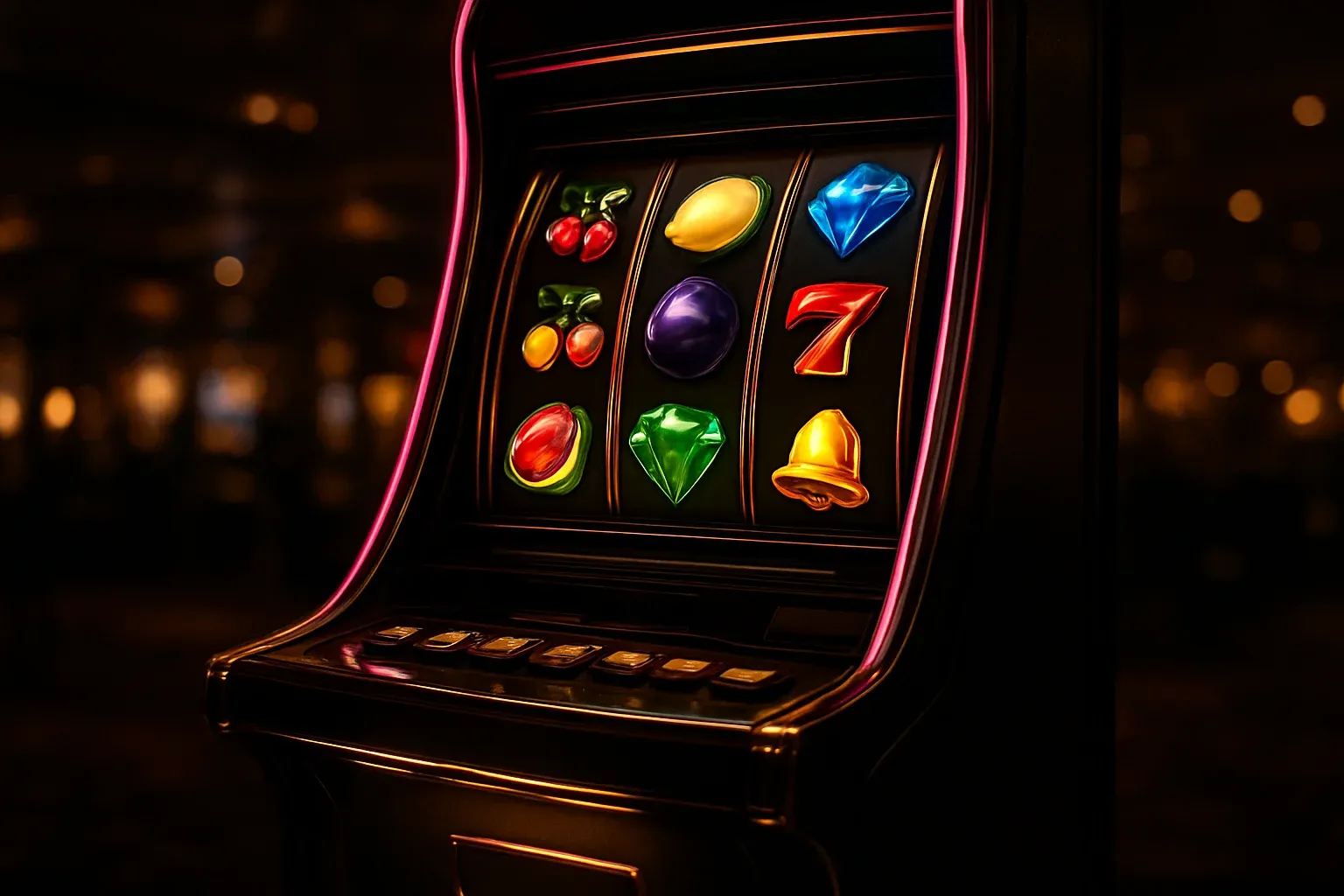 Premium slot machine with glowing reels in a dark luxury casino
